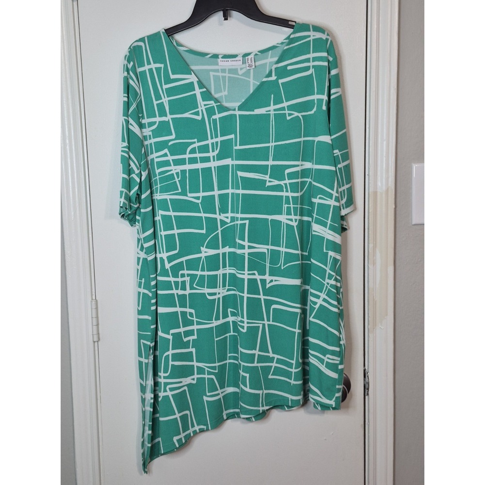 Susan Graver 2X Green Asymmetrical Tunic Dress Abstract Geometric V Neck Lounge